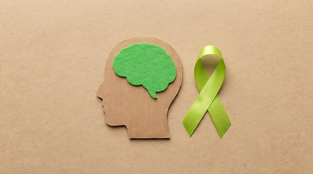 Cardboard cutout of a human brain with a light green ribbon on a textured brown surface awareness cardboard psychology