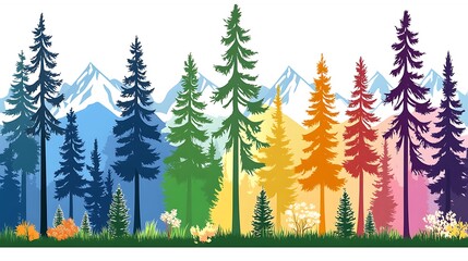 Obraz premium Vibrant Forest Landscape with Mountains and Colorful Trees in Various Hues of Blue, Green, Yellow, Orange, Red, and Purple