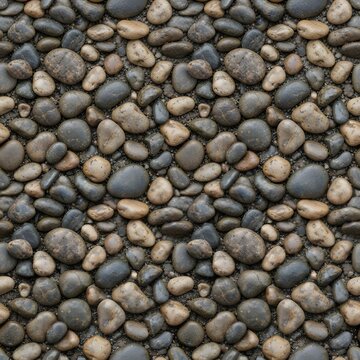 Pebble aggregate texture with varying shades of gray and brown in natural daylight for construction materials