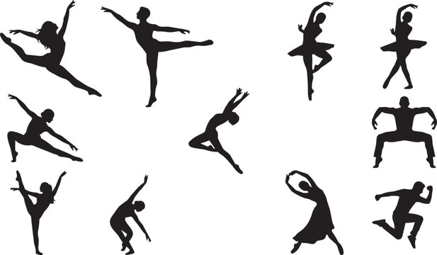 Graceful ballet dancer silhouettes set, professional dancing figures in motion, black vector icons of 10 performers for theater and arts design