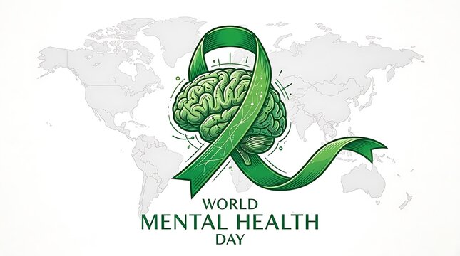 World mental health day illustration with anatomical brain and green awareness ribbon over world map awareness psychology