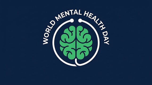 World mental health day circular emblem with stylized green brain icon on dark blue awareness circular psychology