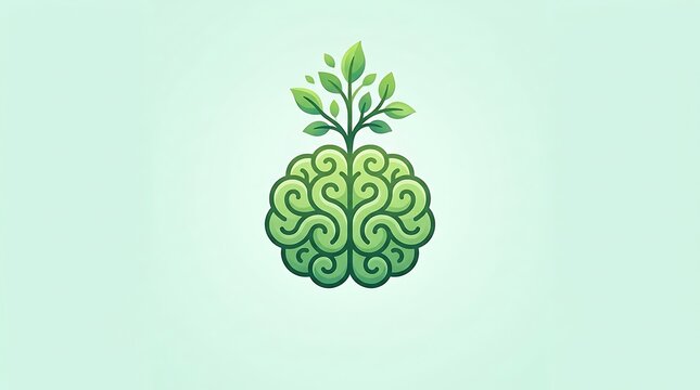 Conceptual illustration of green brain with sprouting plant leaves representing mental growth and wellness