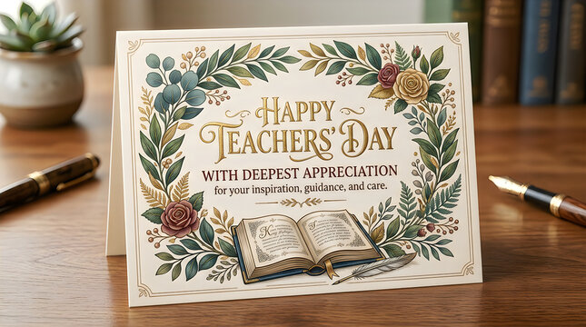 Elegant happy teachers day card with floral design and open book illustration