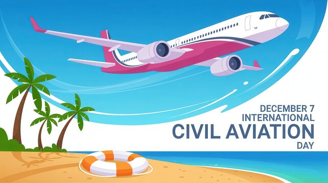 International Civil Aviation Day, December 7, with airplane, beach and palm tree