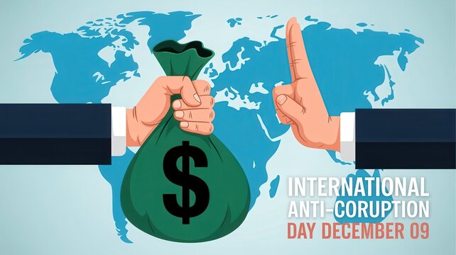 International Anti-Corruption Day concept with money bag and stop gesture on world map background.