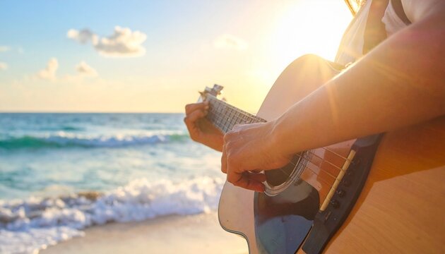 Close up hand Young woman relaxing by the sea playing guitar on the beach. Travel and Summer Concept