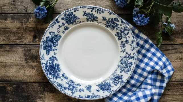 Empty blue and white patterned plate on rustic wooden table with blue flowers and gingham napkin.