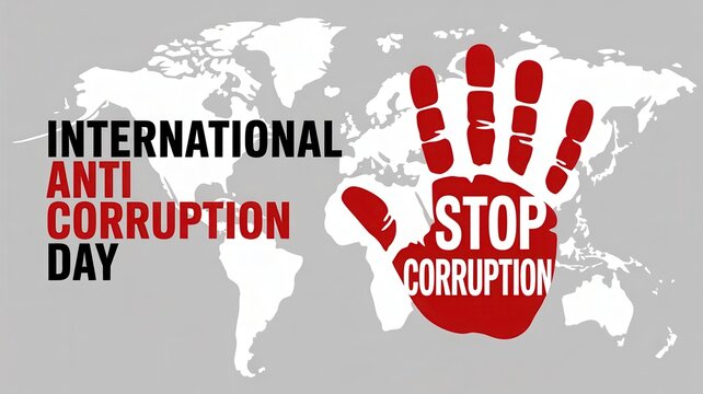 International Anti-Corruption Day with stop corruption hand gesture on world map background.