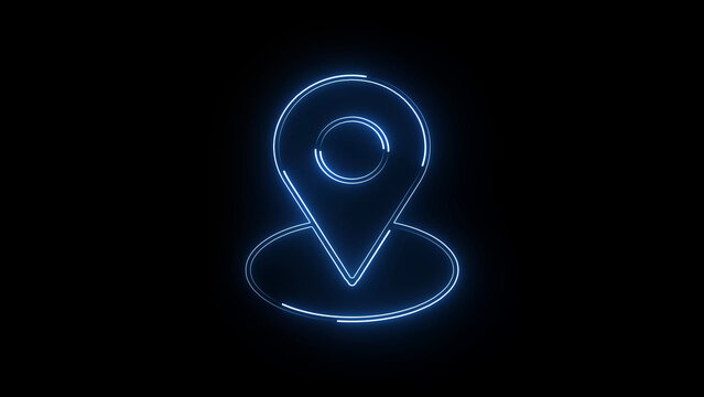 A glowing blue neon location pin icon in a dark background