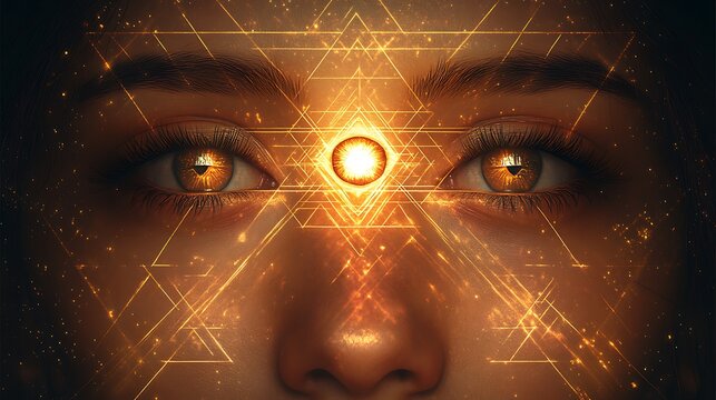 Third eye glowing geometric pattern overlay female face