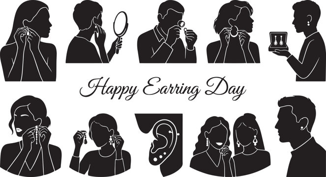 Happy Earring Day silhouette collection, people wearing jewelry and ear piercings, black and white fashion accessory vector set isolated on Transparent Background