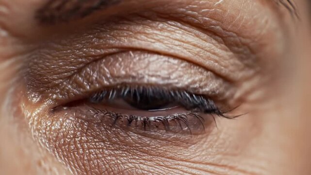 Close-up extreme macro shot of a human eye with blue and brown iris, showing wrinkles.