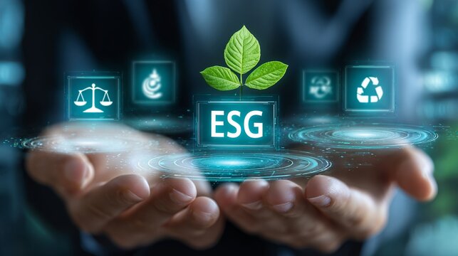 Professional business person holding a digital holographic projection of environmental social and governance investment standards