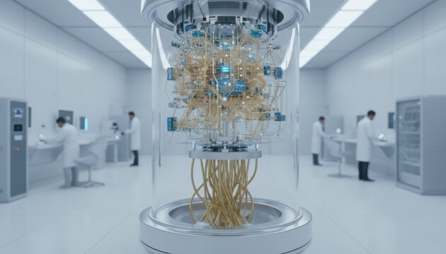 Quantum computer processor in laboratory with scientists working around futuristic technology representing next generation computing and data processing power