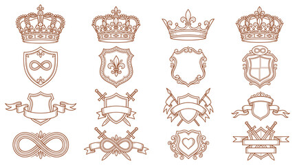 Royal crowns and medieval shields set with swords ribbon and infinity symbols for heraldry. © KALPANA AKTER