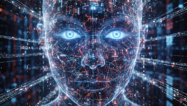 Abstract digital face made of glowing circuits and data lines symbolizing artificial intelligence consciousness and futuristic virtual technology concept of human machine integration