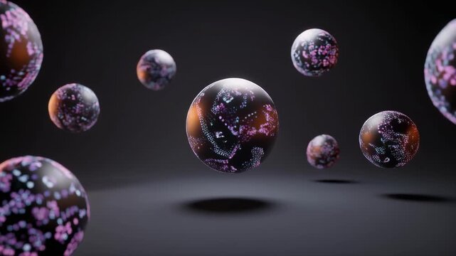 Colorful 3D animated microbes floating in dark space