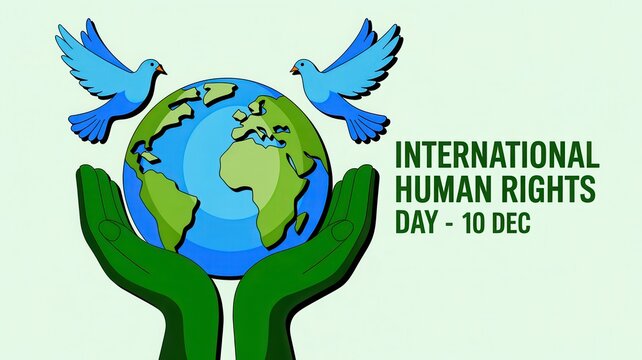 International Human Rights Day concept with hands holding globe and doves on light green background.