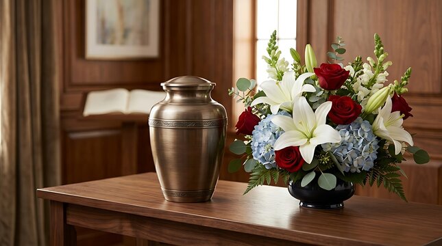 A bronze cremation urn sits on a wooden table next to a floral arrangement with red roses, white lilies, and blue hydrangeas in a funeral home
