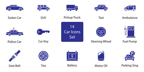 Collection of automotive and car service filled vector icons featuring vehicles, maintenance, repair, garage, battery, fuel pump, parking, navigation, and transportation symbols. EPS 10. © Agastya 897