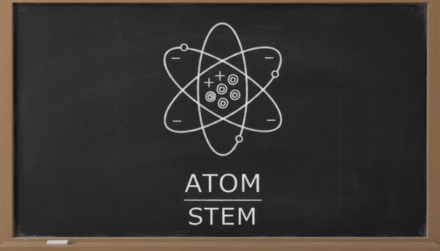 Chalk drawn atom diagram on classroom board representing stem education science learning and academic concept