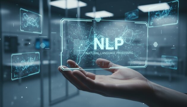 Hand presents a holographic screen displaying the acronym NLP which stands for Natural Language Processing in a futuristic setting