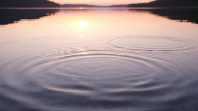 Concentric water ripples expanding on a calm lake surface during a golden sunset. Faint wave circles disturb the still water with sun reflections and distant mountain silhouettes.