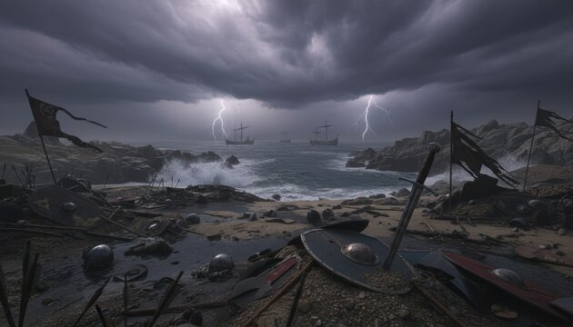 Violent storm scene with lightning striking ocean surface near ancient Viking longships approaching rocky coastline littered with discarded shields swords and battle remnants symbolizing war