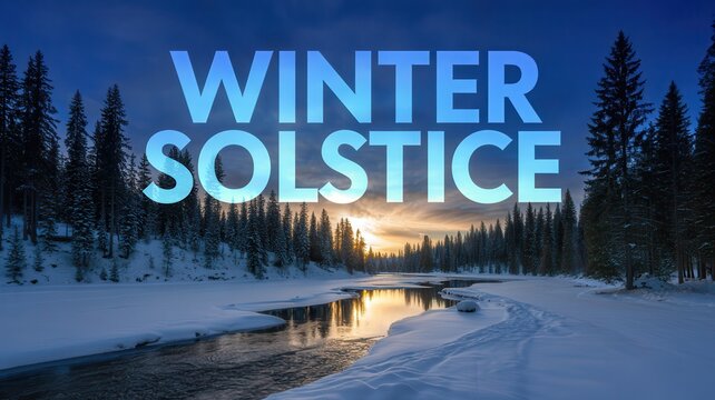 Winter solstice landscape with snow covered pine forest and frozen river at sunset