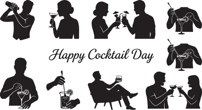 Happy Cocktail Day silhouette collection, bartender mixing drinks and people enjoying cocktails, black bar icons and social drinking vector set isolated on Transparent Background
