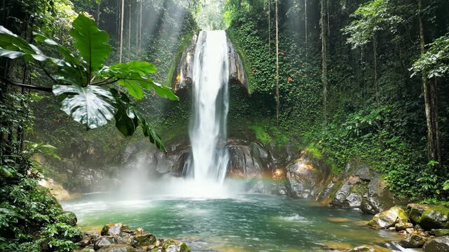 Hidden tropical waterfall cascading into a clear turquoise pool surrounded by dense jungle greenery, featuring large monstera leaves, ferns, and a faint rainbow in the mist.
