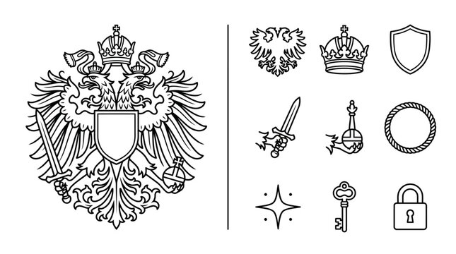 Double Headed Eagle Heraldic Emblem and Medieval Icon Set