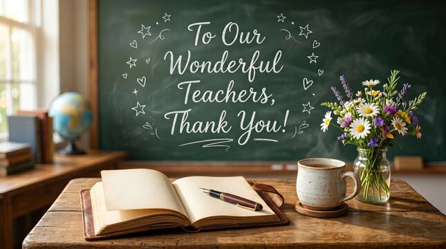 Handwritten thank you message on green chalkboard behind wooden desk with open notebook, steaming coffee mug, and wildflower bouquet, blurred background, teacher appreciation day.
