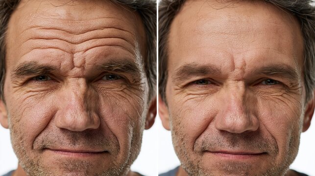 Split frame showing deep forehead lines on a man versus smooth skin. Concept of men's forehead line treatment.