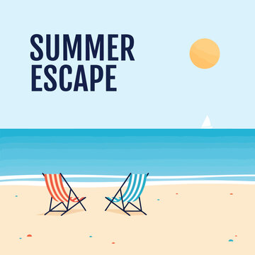 Summer Beach Escape Flat Vector Illustration with Deck Chairs, Ocean View and Sunny Coastal Vacation Landscape