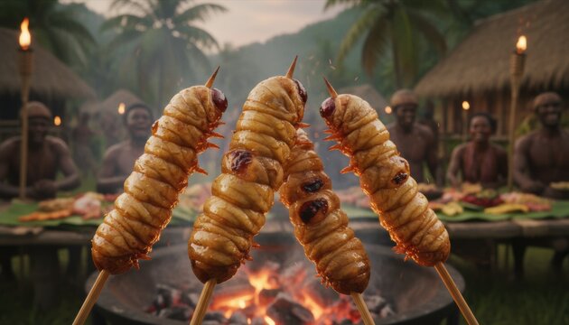 Roasted grub skewers prepared over fire in a tropical village setting representing indigenous food culture