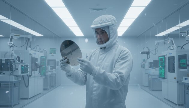 Technician in full white cleanroom suit examines reflective silicon wafer in controlled sterile environment of semiconductor manufacturing facility