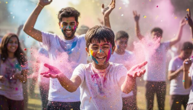 Smiling child celebrating Holi festival while throwing colorful powder
