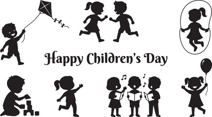 Obraz premium Happy Children's Day vector silhouettes, playful kids playing and singing collection, black childhood activity icons for school and education isolated on Transparent Background