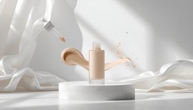Liquid foundation makeup bottle with glass dropper on white podium foundation cosmetics skincare coverage concealer cosmetic aesthetic minimalist textured wellness complexion treatment