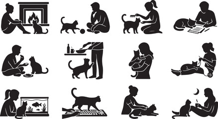 Obraz premium Assortment of black silhouette showing people interacting with pet cats in various domestic scenarios like by a fireplace or working