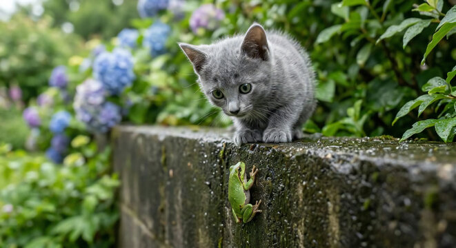 Photorealistic conceptual art of a cute grey kitten peeking at a small green tree frog climbing a wet concrete wall with blooming colorful hydrangeas in the background after rain.