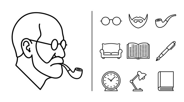 Sigmund Freud Profile Icon Set with Psychoanalysis Symbols
