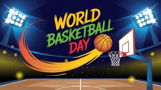 World Basketball Day Celebration with Flying Ball and Court