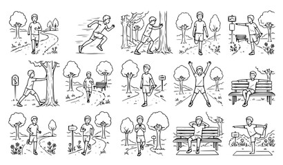 Obraz premium Boy Running Exercise in Park Hand Drawn Sketch Vector Collection