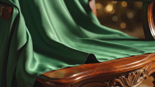 AI generated 4k video of luxurious green satin fabric draping over vintage wooden chair.