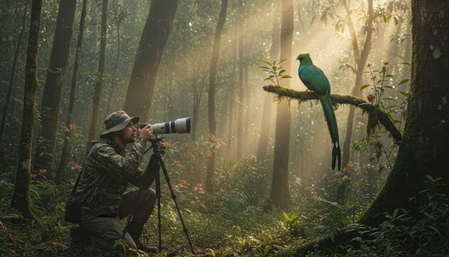 Wildlife photographer kneels with a camera on a tripod, capturing a picture of a magnificent Quetzal perched on a branch in a misty, sunlit rainforest