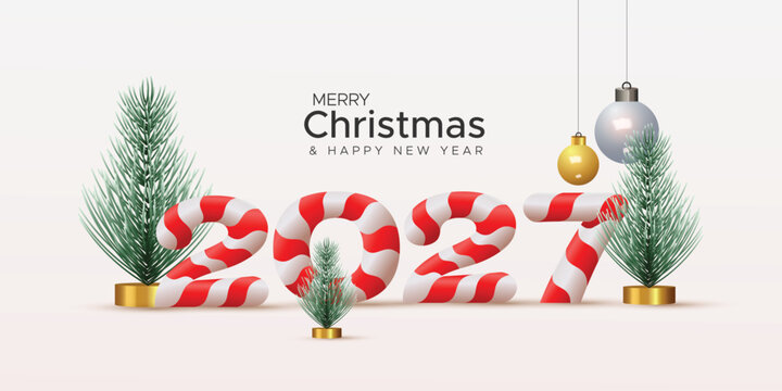 Minimal 3D Candy Cane 2027 Merry Christmas and Happy New Year Greeting Banner Vector