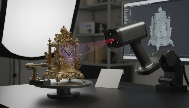 Handheld 3D scanner capturing the surface of an ornate antique brass clock sitting on a rotating platform